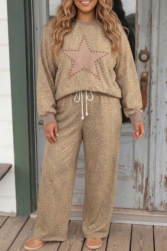 Khaki Leopard Print Star Patch Colorblock Long Sleeve Top Plus Size Drawstring Pants Set-Plus Size/Plus Size Loungewear-[Adult]-[Female]-Khaki-1X-2022 Online Blue Zone Planet