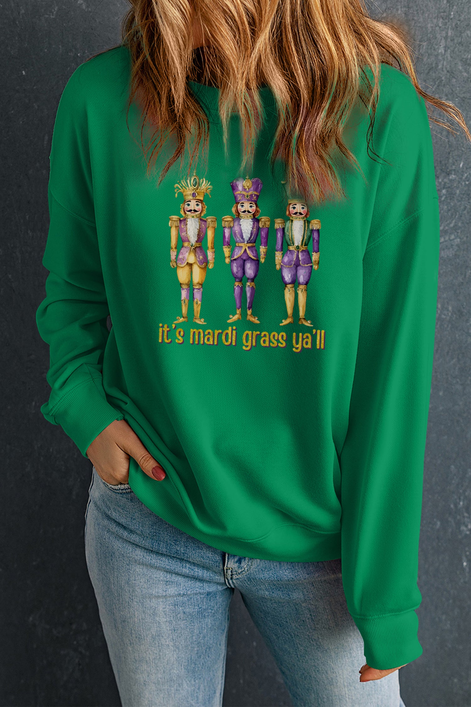 Dark Green Mardi Gras Nutcracker Graphic Pullover Sweatshirt-Graphic Sweatshirts-[Adult]-[Female]-2022 Online Blue Zone Planet