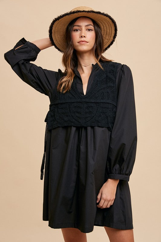 Annie Wear Crochet Vest Notched Long Sleeve Shirt Dress-TOPS / DRESSES-[Adult]-[Female]-Black-S-2022 Online Blue Zone Planet