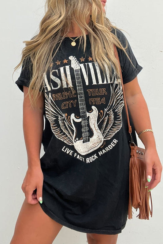 Graphic Round Neck Short Sleeve Tee Dress-TOPS / DRESSES-[Adult]-[Female]-Black-S-2022 Online Blue Zone Planet
