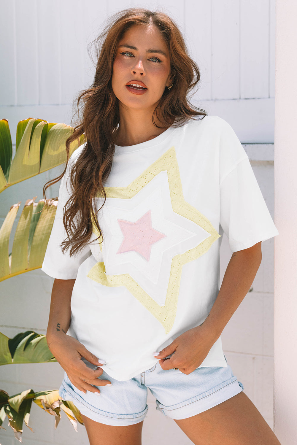 White Star Layered Patched Graphic Drop Shoulder Half Sleeve Loose Tee-Tops/Tops & Tees-[Adult]-[Female]-2022 Online Blue Zone Planet