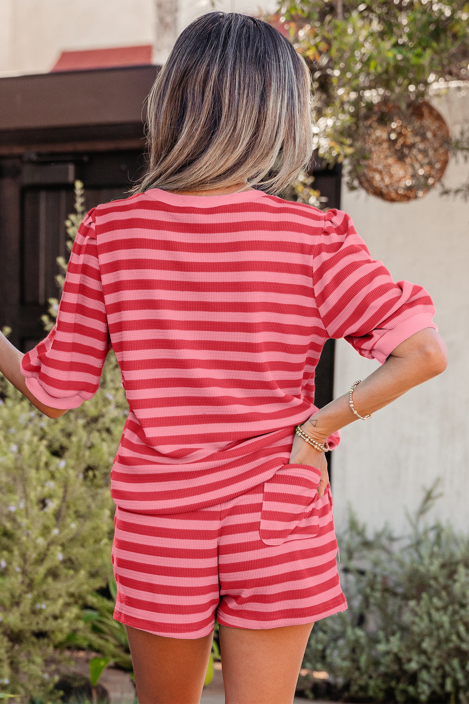 Red Stripe Puff Short Sleeve T Shirt Matching Shorts Set-Two Piece Sets/Short Sets-[Adult]-[Female]-2022 Online Blue Zone Planet