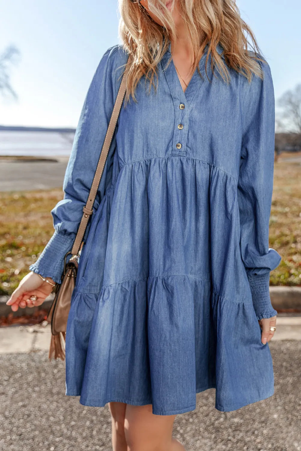 Tiered Johnny Collar Long Sleeve Denim Dress-TOPS / DRESSES-[Adult]-[Female]-Medium-S-2022 Online Blue Zone Planet