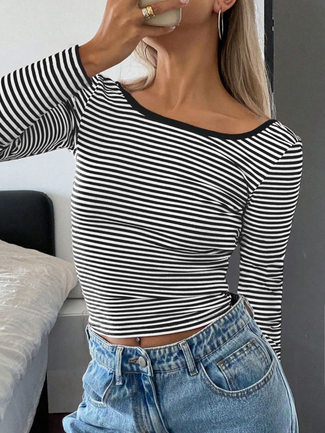 Devine Backless Striped Boat Neck Long Sleeve T-Shirt-TOPS / DRESSES-[Adult]-[Female]-2022 Online Blue Zone Planet