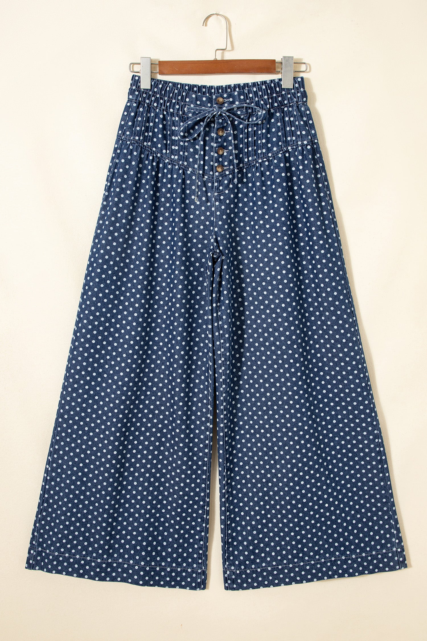 Sky Blue Polka Dot Print Button Pleated Detail Wide Leg Jeans-Bottoms/Jeans-[Adult]-[Female]-2022 Online Blue Zone Planet