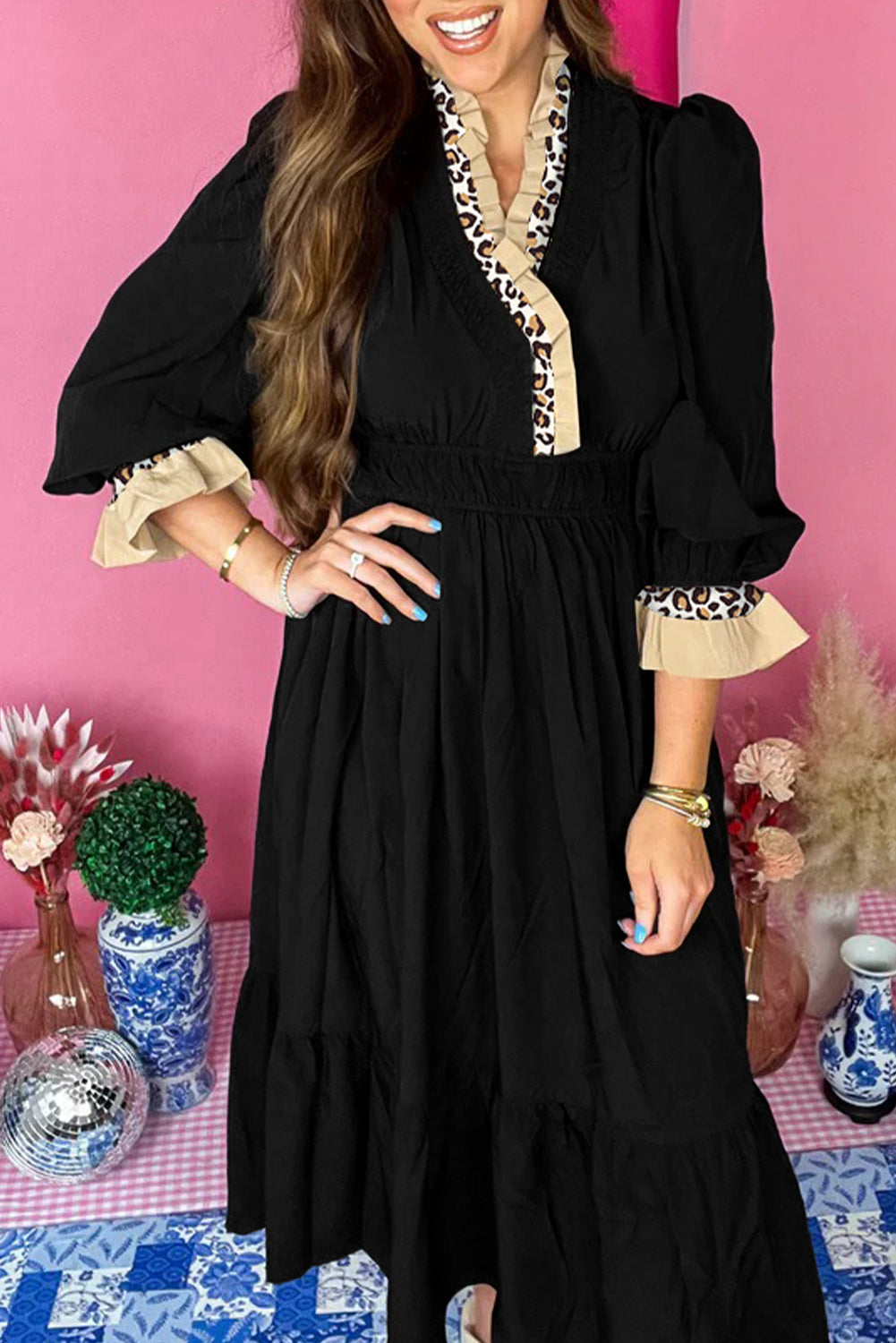 Black Contrast Leopard Frilled Trim V Neck Bracelet Sleeve Midi Dress-Bracelet-[Adult]-[Female]-2022 Online Blue Zone Planet