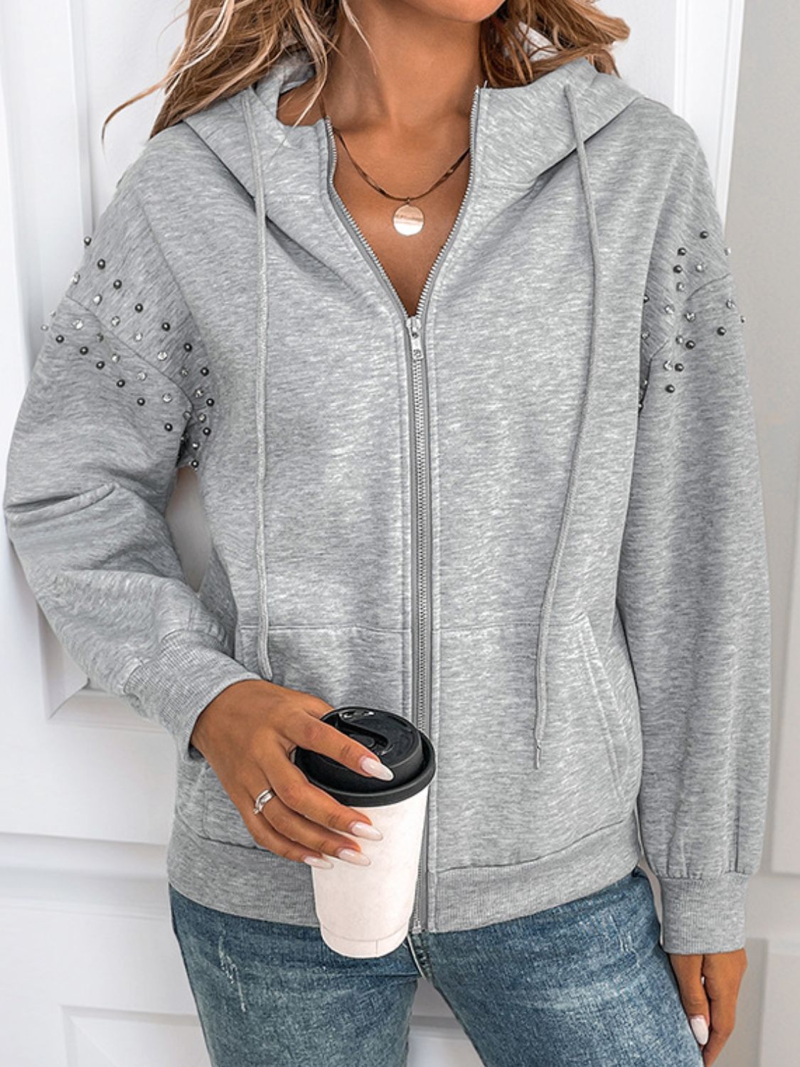 Perfee Rhinestone Zip Up Long Sleeve Hoodie-TOPS / DRESSES-[Adult]-[Female]-2022 Online Blue Zone Planet