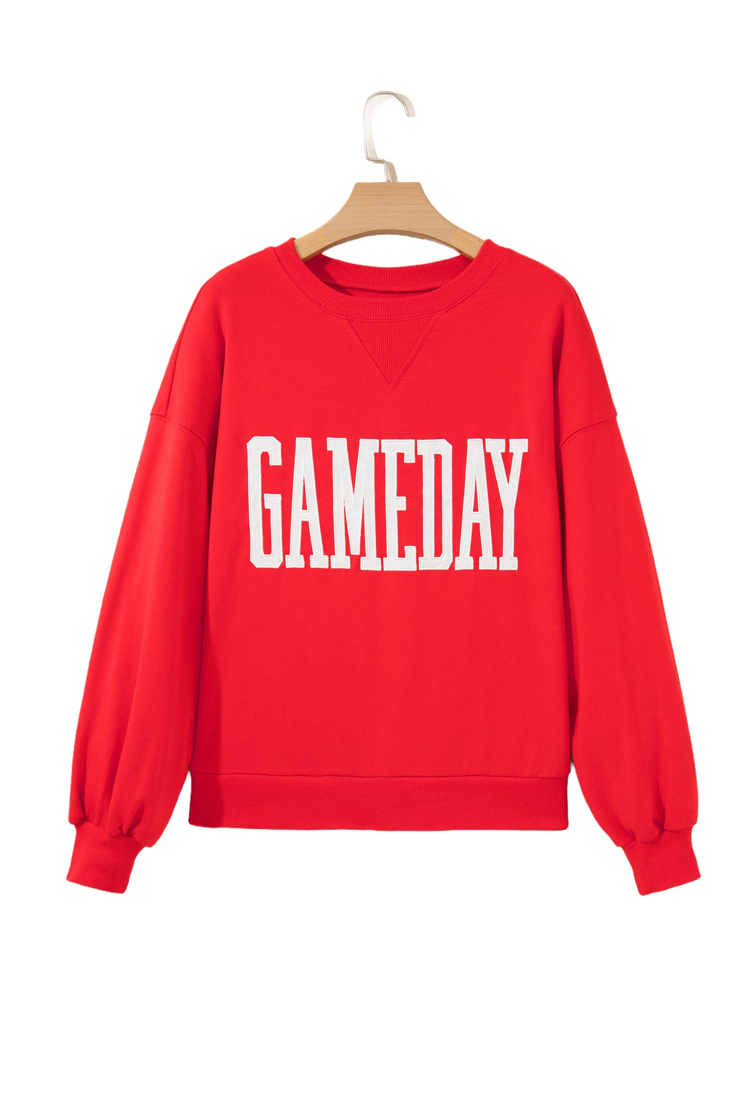 Fiery Red GAMEDAY Embroidered Patch Pattern Casual Shift Sweatshirt-Tops/Sweatshirts & Hoodies-[Adult]-[Female]-2022 Online Blue Zone Planet