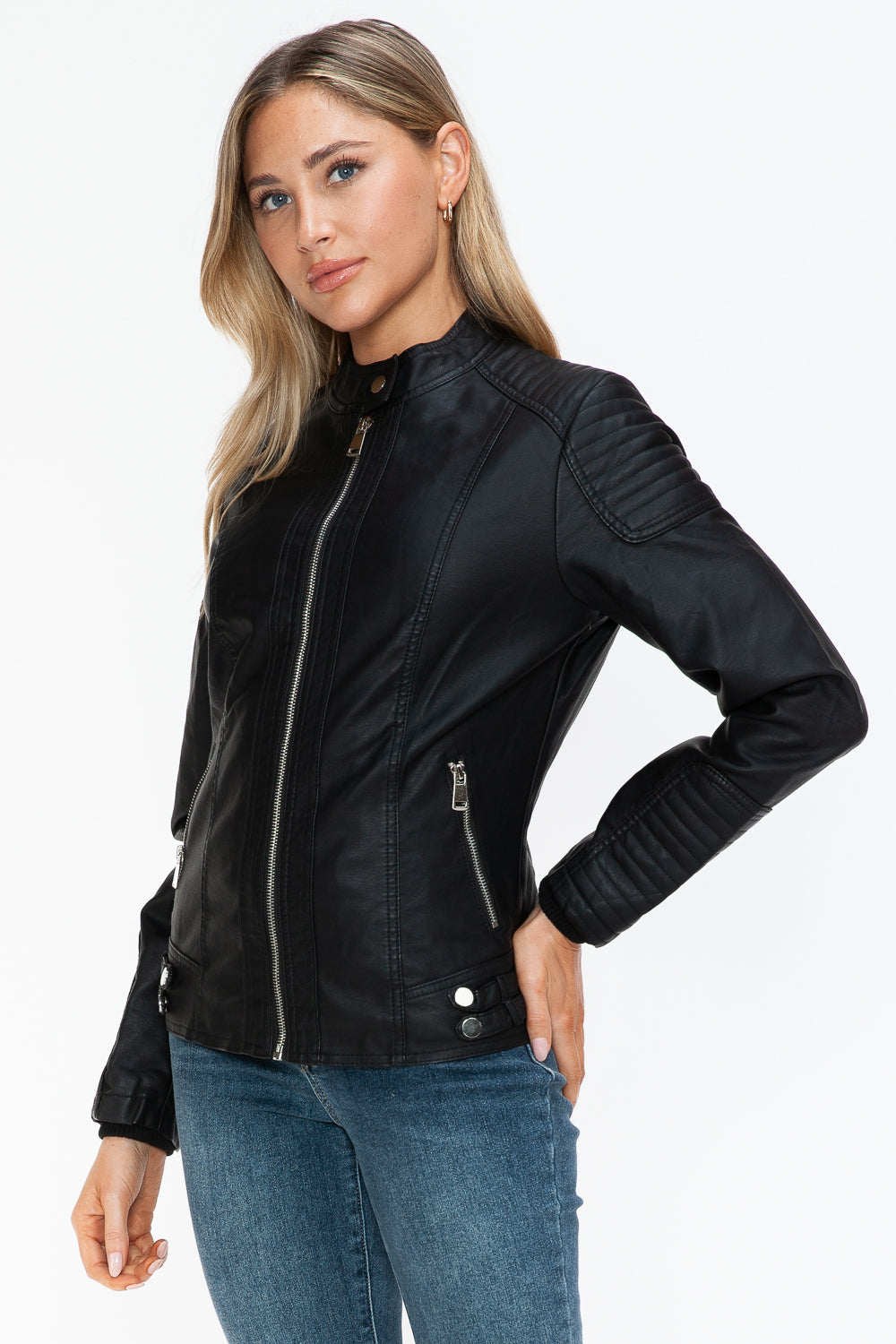 Blue Zone Planet | Snobbish Faux Leather Biker Jacket with Side Zip Pockets-TOPS / DRESSES-[Adult]-[Female]-2022 Online Blue Zone Planet