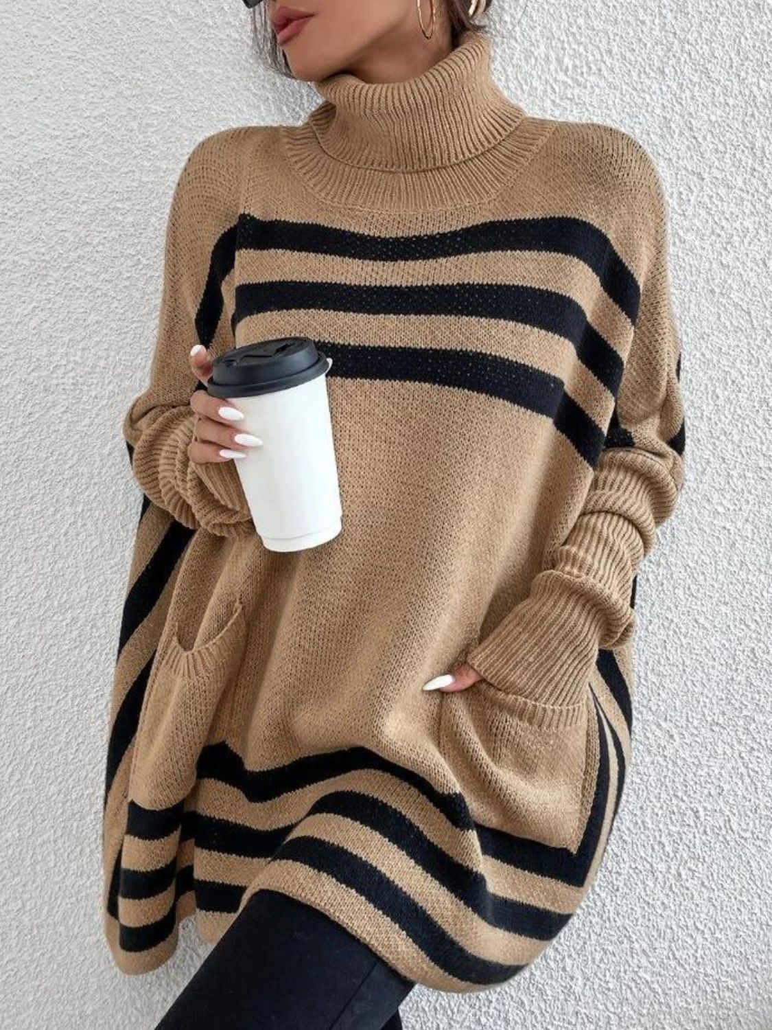 Striped Turtleneck Batwing Sleeve Sweater with Pockets-TOPS / DRESSES-[Adult]-[Female]-2022 Online Blue Zone Planet