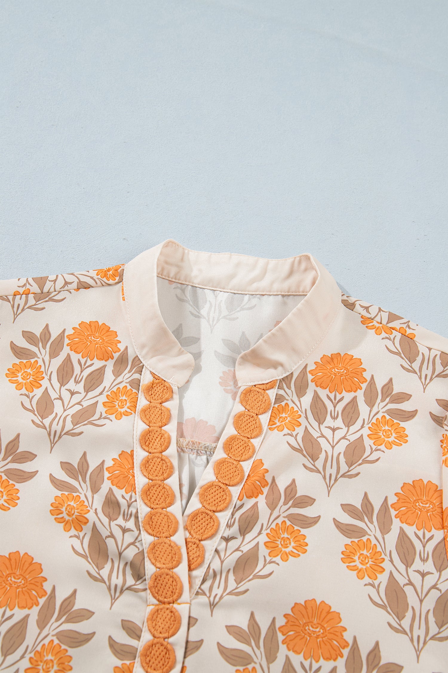Orange Floral Print Contrast Detail V Neck Long Sleeve Blouse-Tops/Blouses & Shirts-[Adult]-[Female]-2022 Online Blue Zone Planet