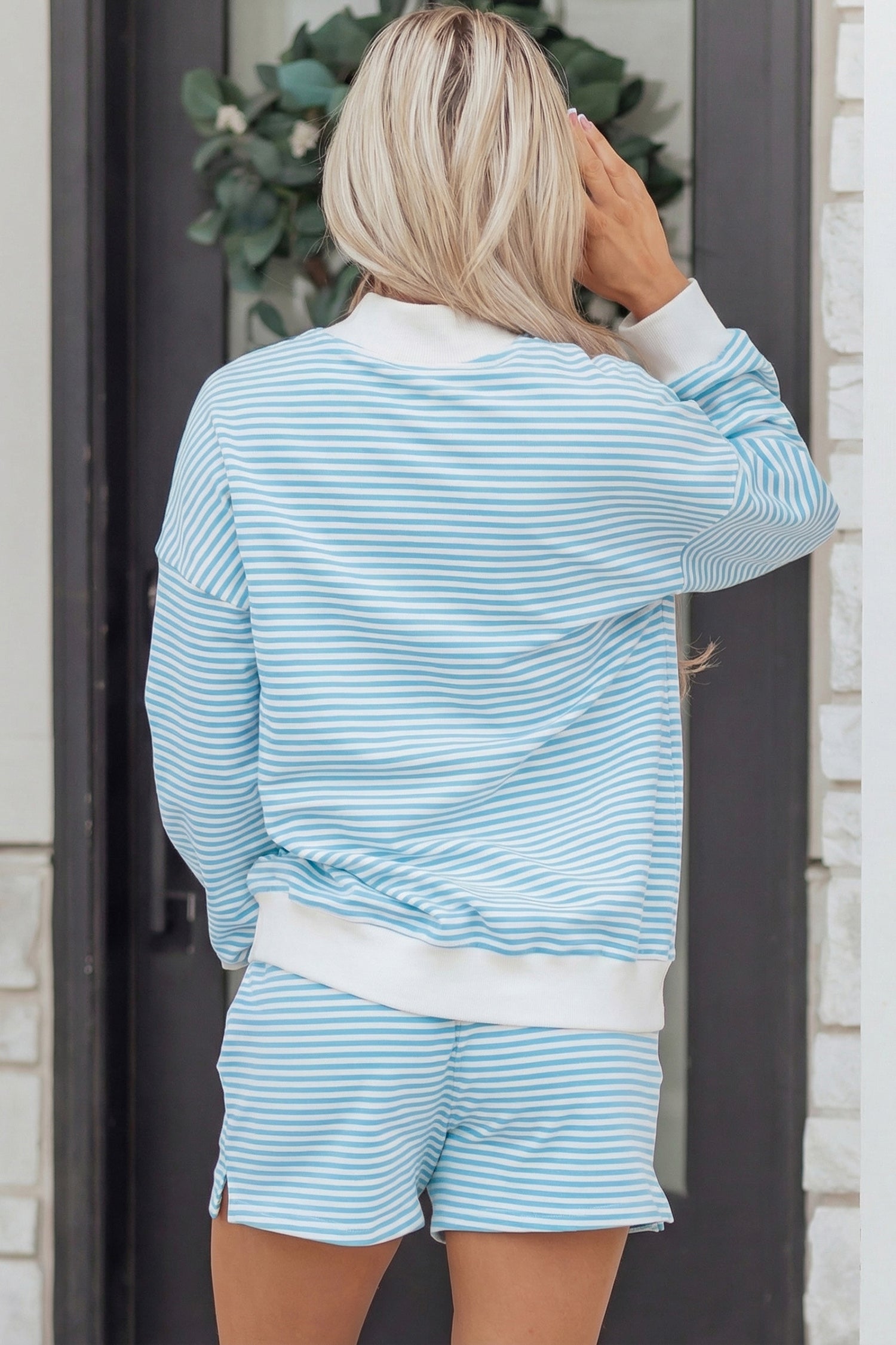 Sky Blue Stripe Oversize Mock Neck Sweatshirt and Shorts Set-Two Piece Sets/Short Sets-[Adult]-[Female]-2022 Online Blue Zone Planet
