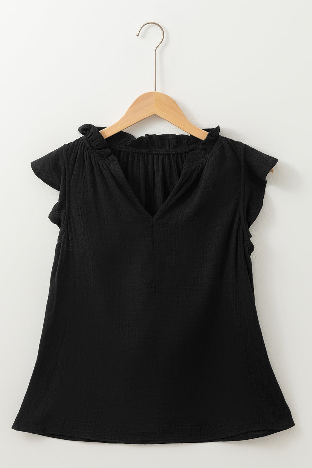 Black Ruffled Shoulder V Neck Shift Tank Top-Tops/Tank Tops-[Adult]-[Female]-2022 Online Blue Zone Planet