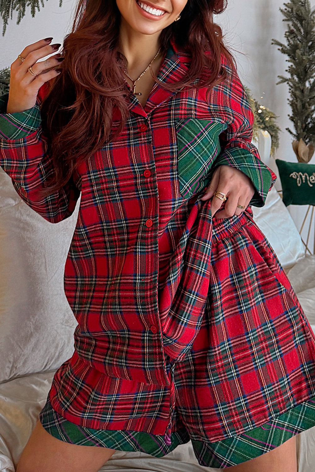 Green Plaid Christmas Holiday Patchwork Long Sleeve Shirt and Shorts Pajama Set-Loungewear Set-[Adult]-[Female]-Red-L-2022 Online Blue Zone Planet
