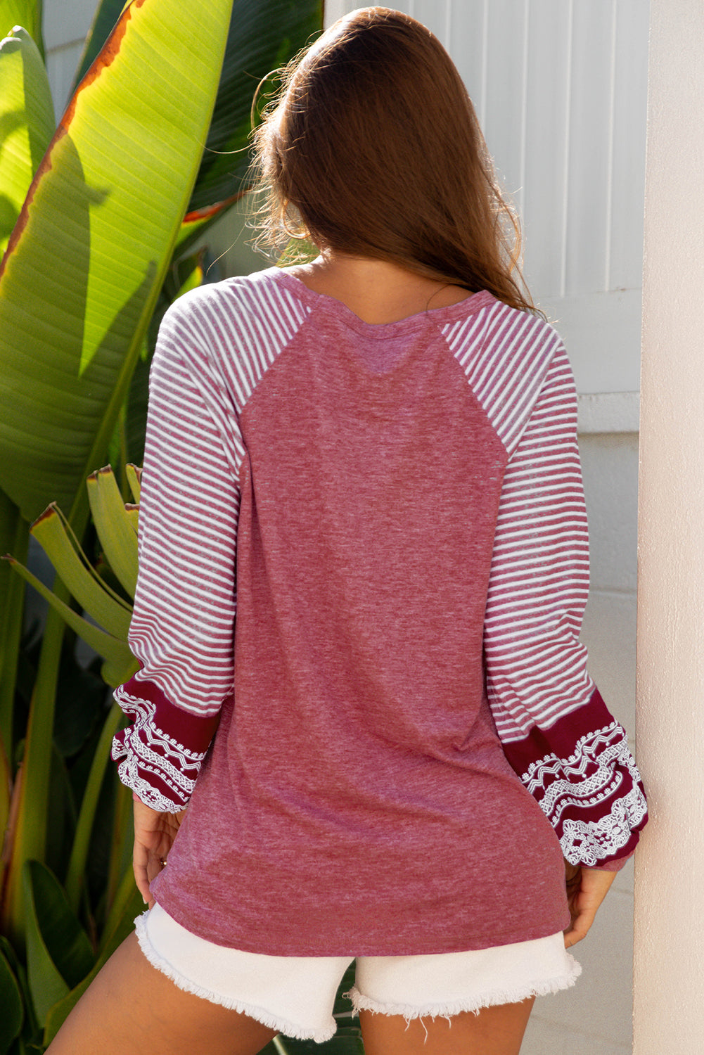 Mineral Red Contrast Print Striped Raglan Long Sleeve Loose Top-Tops/Long Sleeve Tops-[Adult]-[Female]-2022 Online Blue Zone Planet
