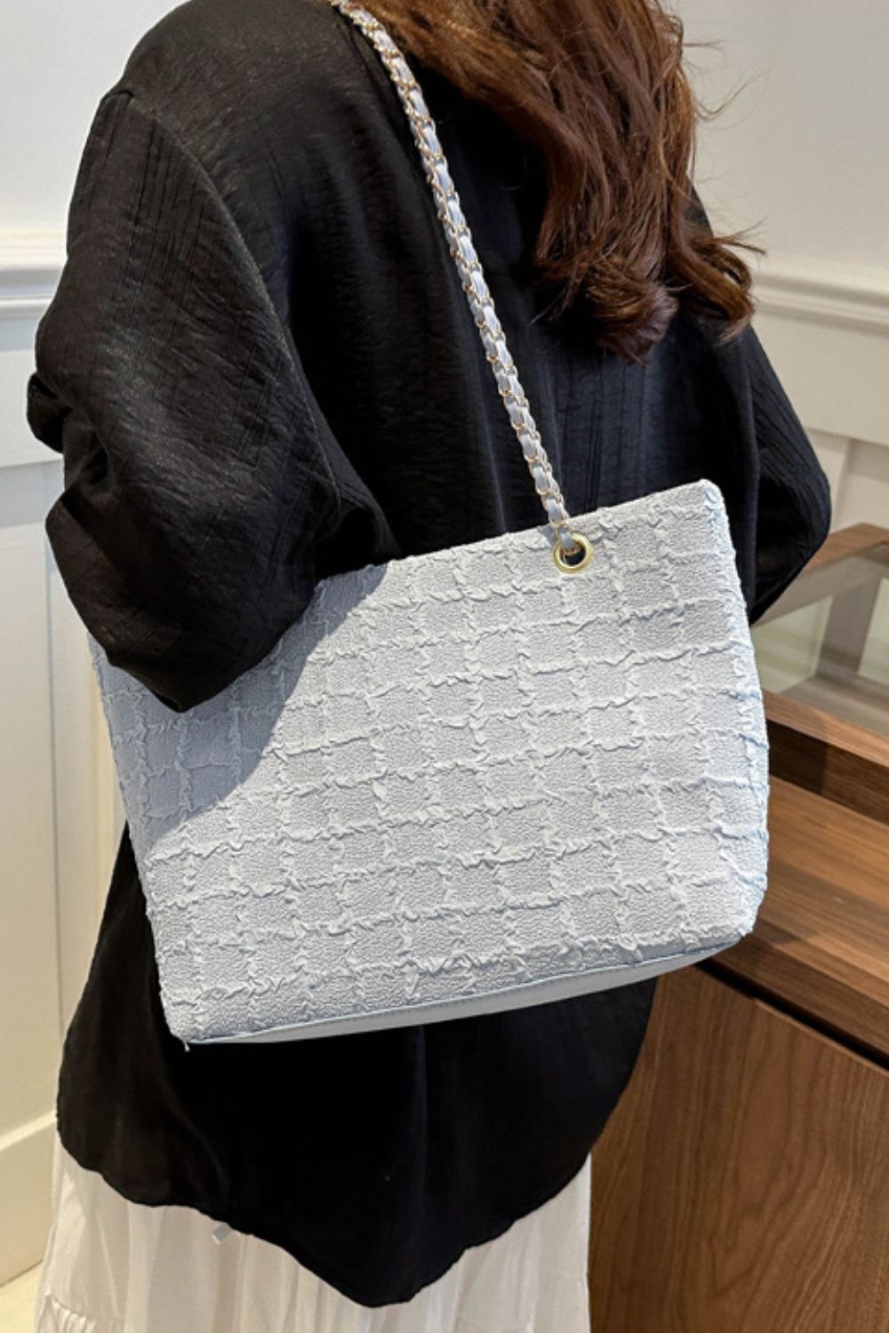 Polyester Texture Chain Tote bag-HANDBAGS-[Adult]-[Female]-2022 Online Blue Zone Planet