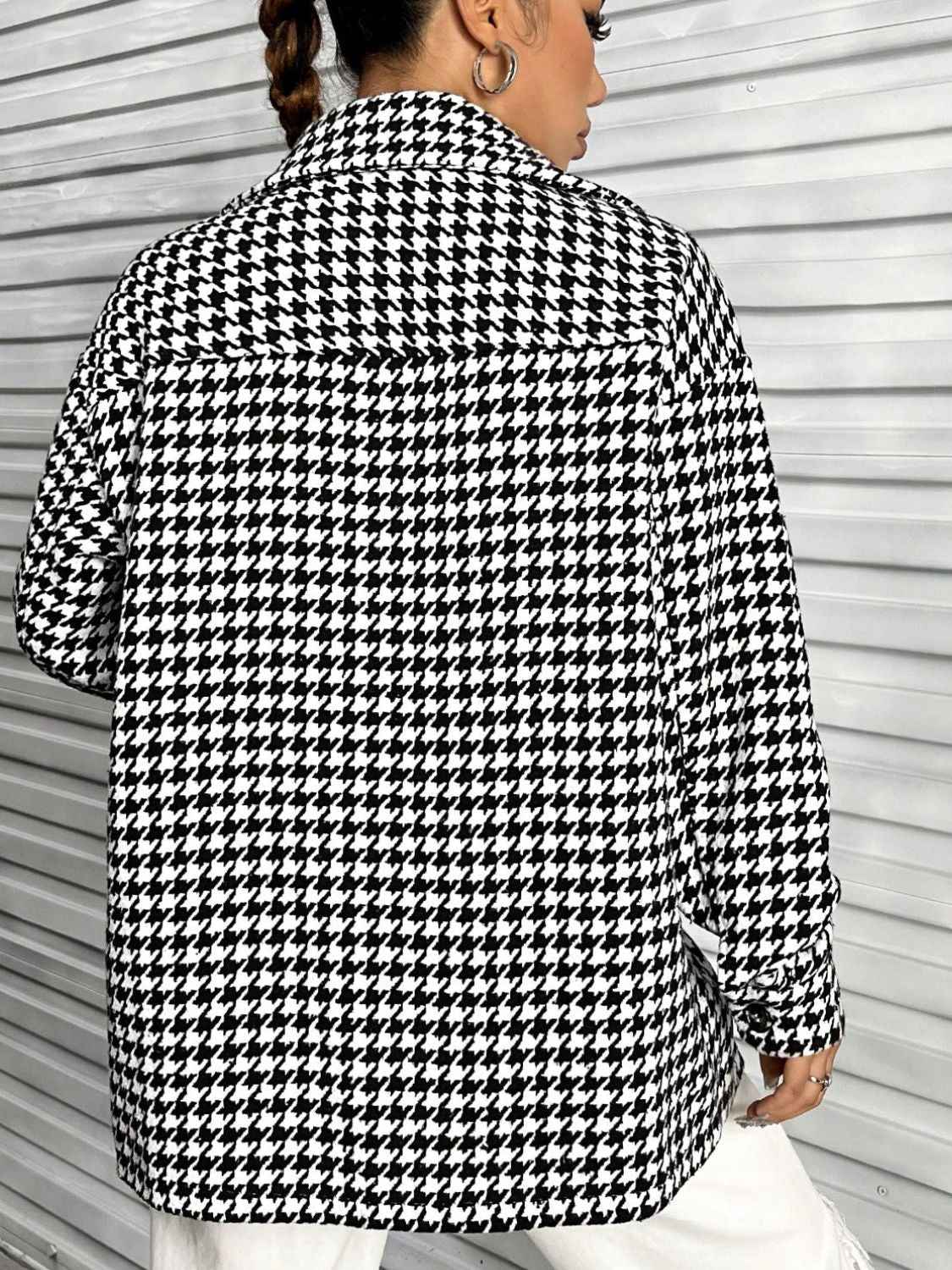 Houndstooth Button Down Long Sleeve Shacket-TOPS / DRESSES-[Adult]-[Female]-2022 Online Blue Zone Planet