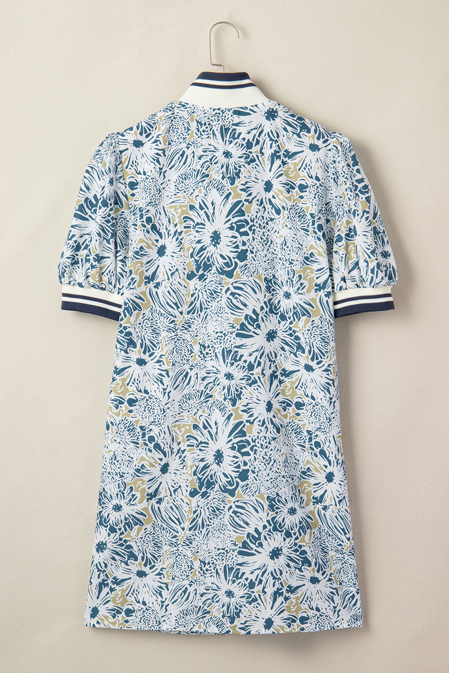 Blue Floral Print Striped Webbing Patchwork Collar Short Sleeve Mini Dress-TOPS / DRESSES-[Adult]-[Female]-2022 Online Blue Zone Planet