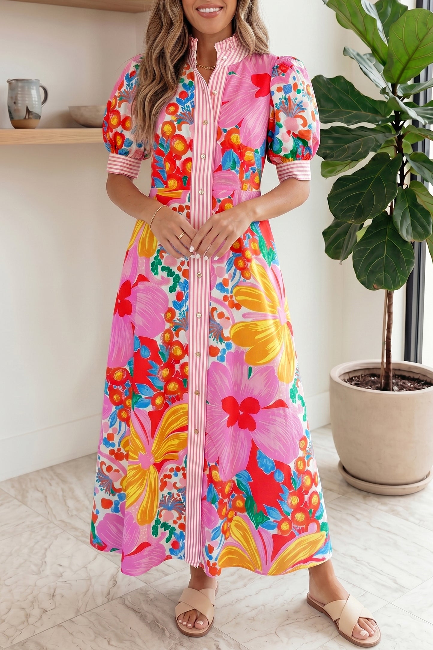 Pink Floral Print Striped Trim Button Down Short Sleeve Vacation Dress-TOPS / DRESSES-[Adult]-[Female]-2022 Online Blue Zone Planet