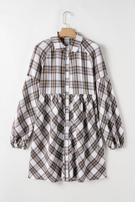 White Plaid Bubble Sleeve Flowy Shirt Dress-Dresses/Mini Dresses-[Adult]-[Female]-2022 Online Blue Zone Planet