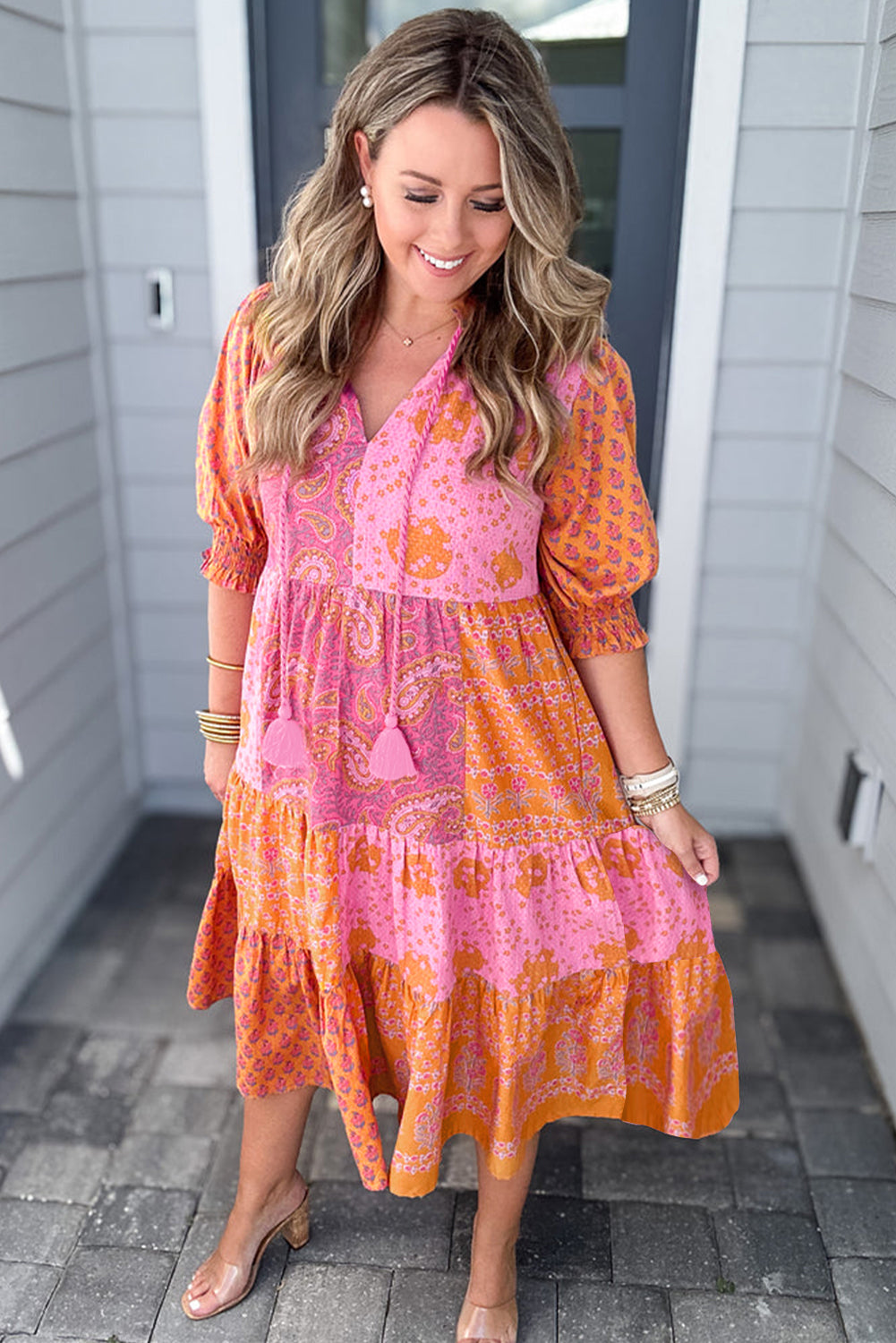 Pink Boho Paisley Floral Mixed Patchwork Tassel Tie Plus Size Midi Dress-Plus Size/Plus Size Dresses/Plus Size Maxi Dresses-[Adult]-[Female]-2022 Online Blue Zone Planet