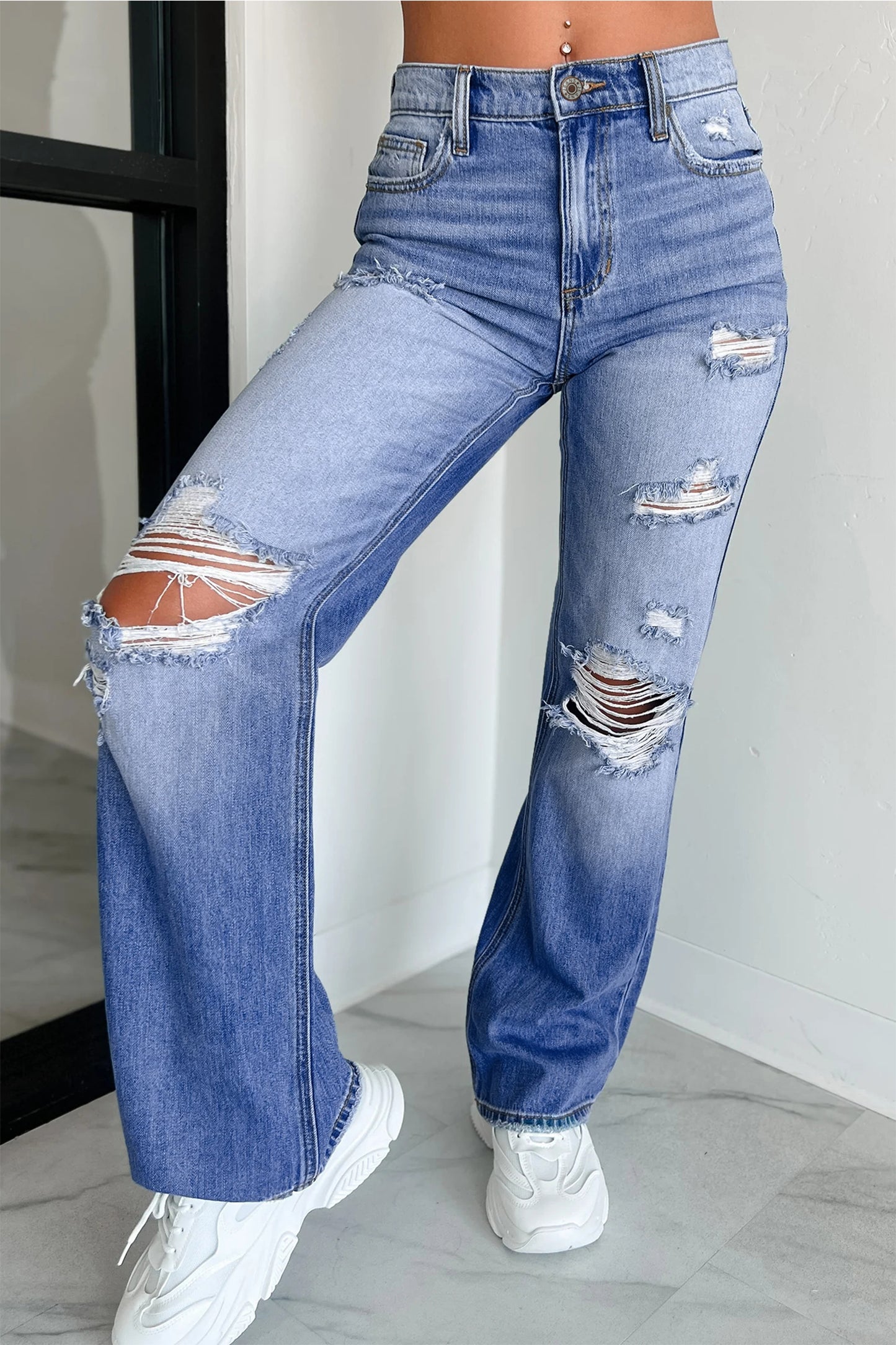 Myosotis Mid Rise Distressed Sneak Peek Straight Leg Jeans-Bottoms/Jeans-[Adult]-[Female]-2022 Online Blue Zone Planet