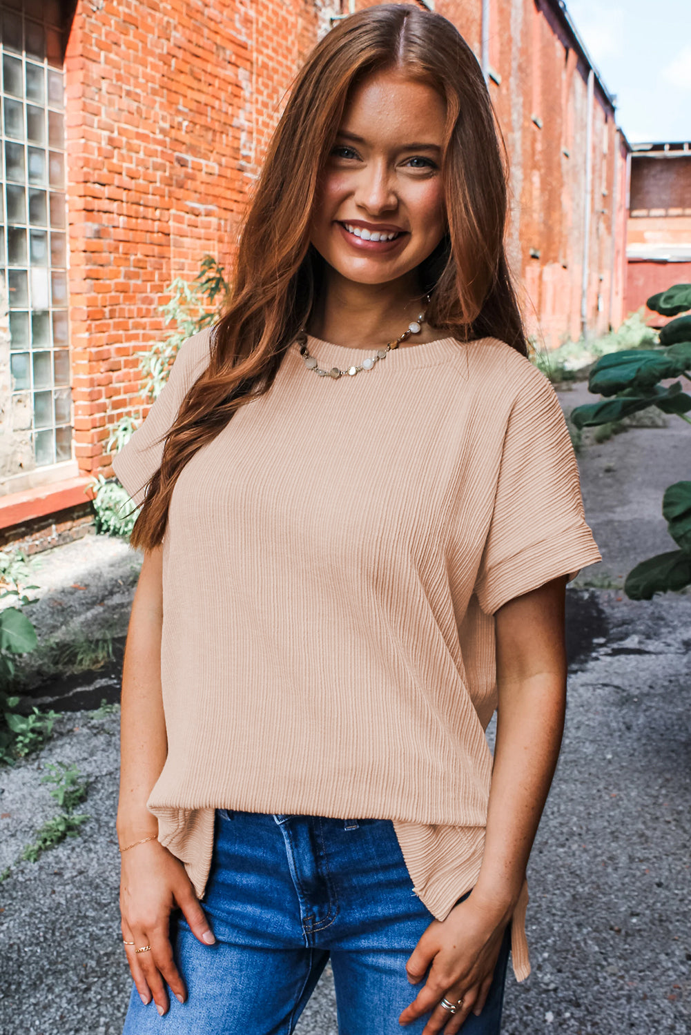 Jet Stream Textured Knit Round Neck Short Sleeve Top-Tops/Tops & Tees-[Adult]-[Female]-2022 Online Blue Zone Planet