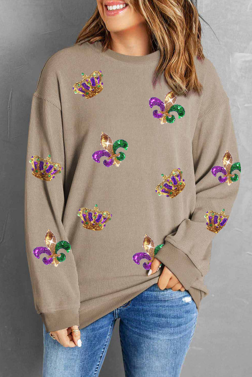 Khaki Mardi Gras Sequin Crown Fleur De Lis Corded Sweatshirt-Graphic/Graphic Sweatshirts-[Adult]-[Female]-2022 Online Blue Zone Planet