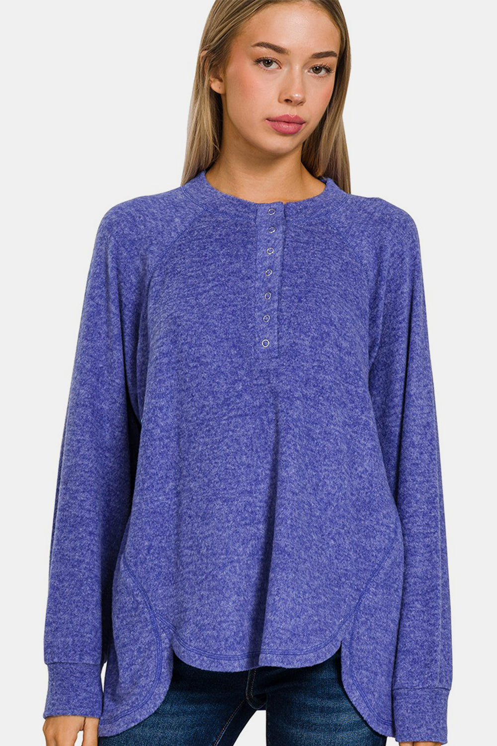 Zenana Full Size Brushed Melange Hacci High-Low Sweater-TOPS / DRESSES-[Adult]-[Female]-Bright Blue-S/M-2022 Online Blue Zone Planet