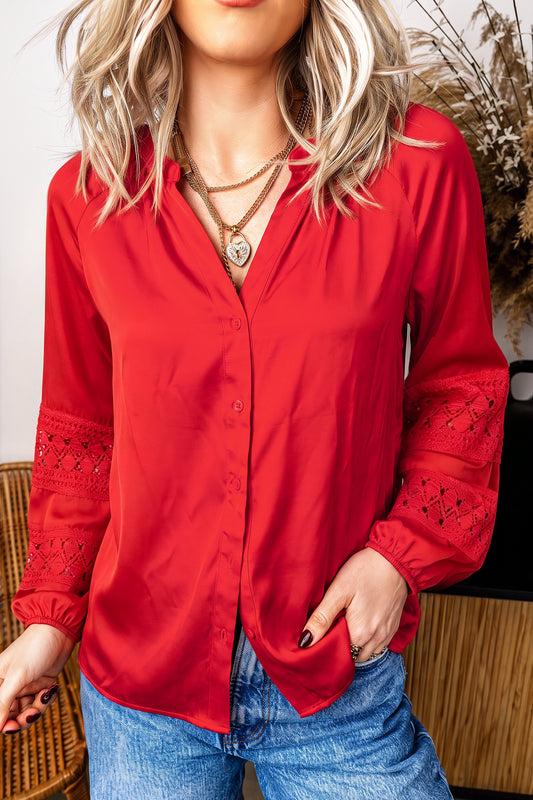 Fiery Red Patchwork Lace Long Sleeve V Neck Button Front Shirt-Tops/Blouses & Shirts-[Adult]-[Female]-Fiery Red-S-2022 Online Blue Zone Planet