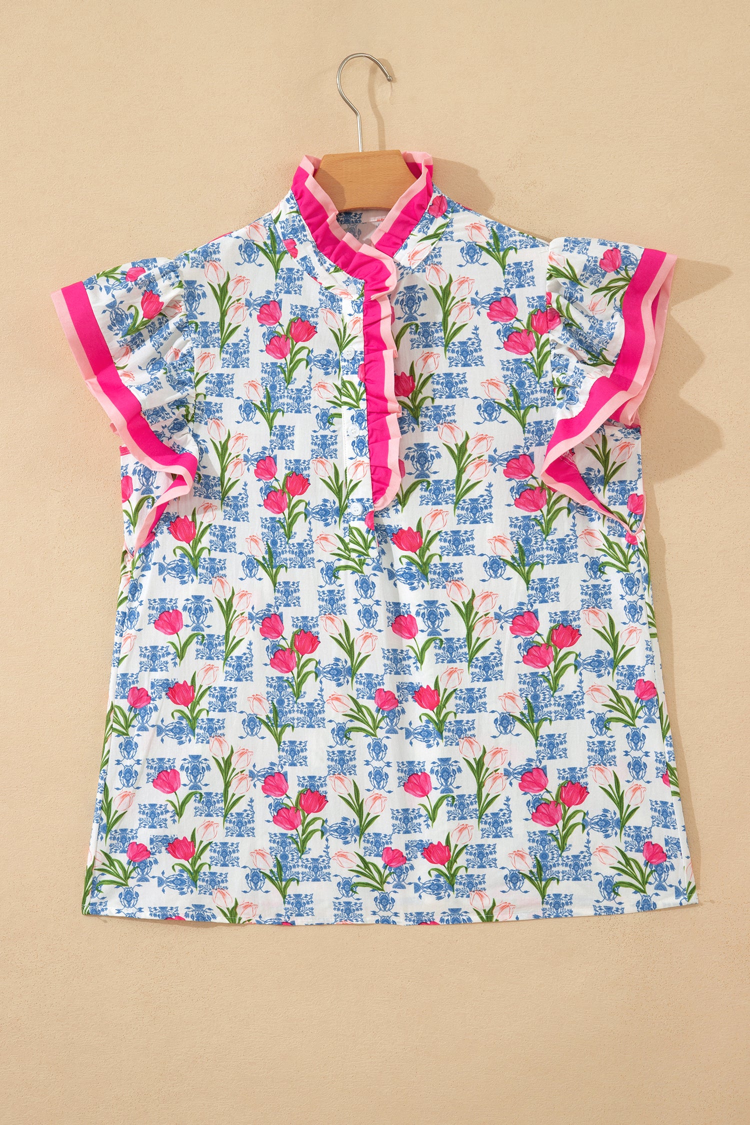 Rose Floral Print Color Block Striped Trim Flutter Sleeve Half Button Blouse-Tops/Blouses & Shirts-[Adult]-[Female]-2022 Online Blue Zone Planet