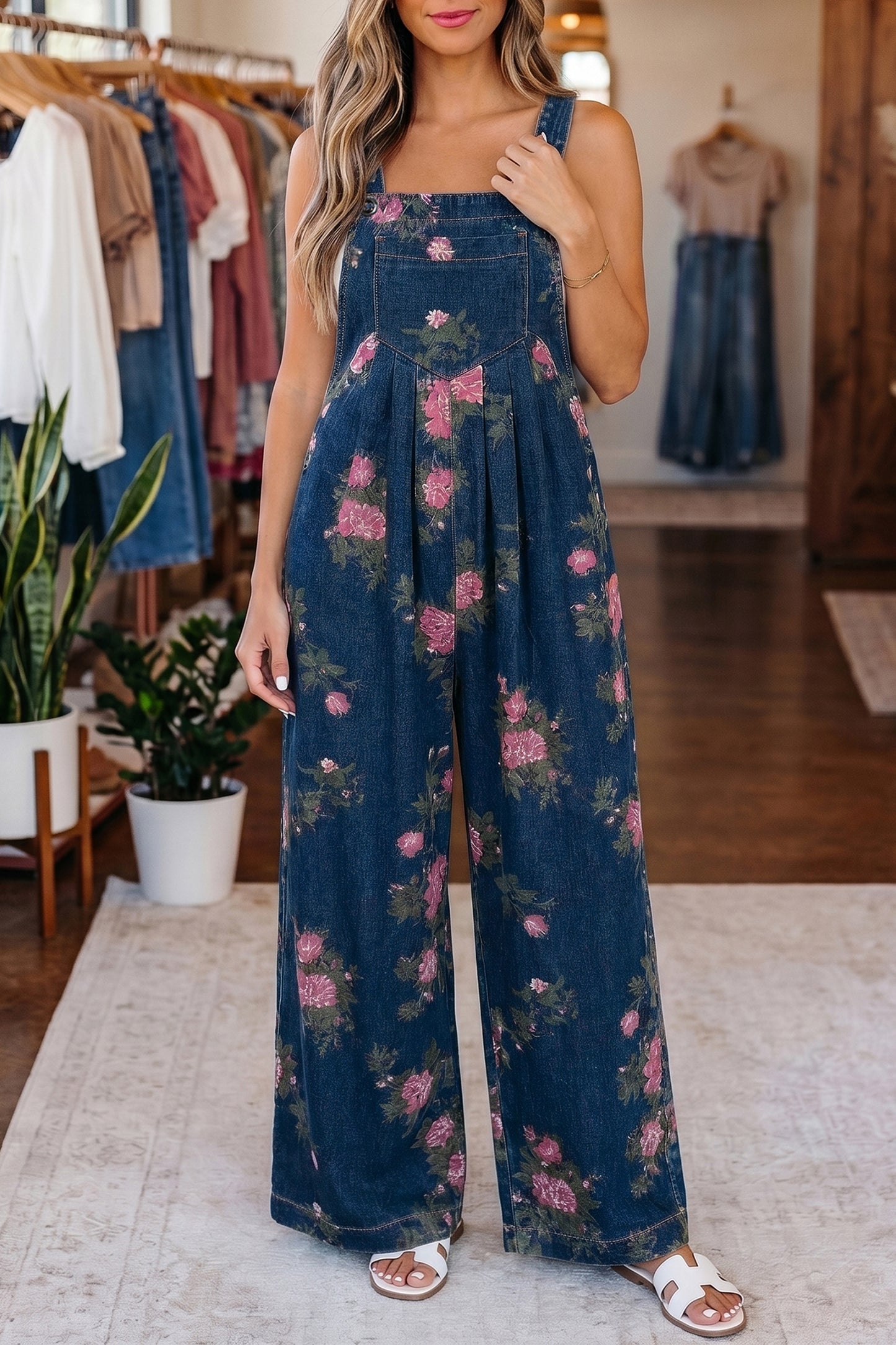 Blue Beau Floral Print Pleated High Waist Wide Leg Denim Jumpsuit-Bottoms/Jumpsuits & Rompers-[Adult]-[Female]-2022 Online Blue Zone Planet