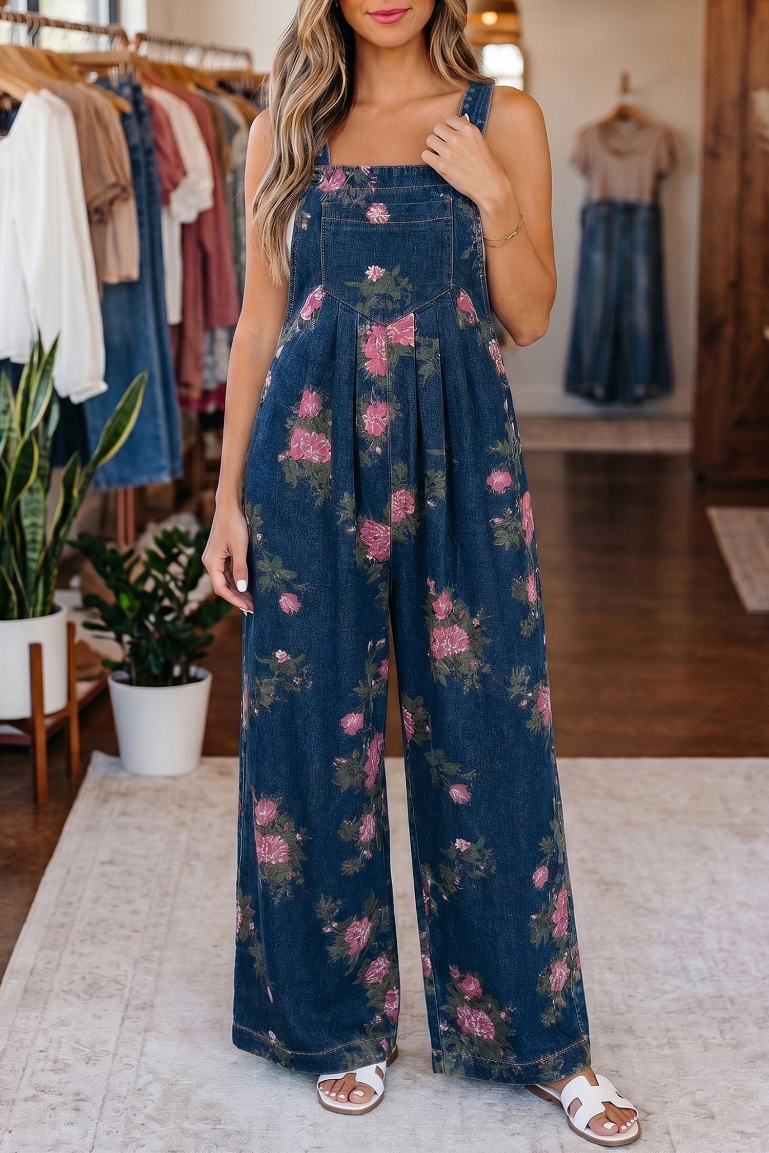 Blue Beau Floral Print Pleated High Waist Wide Leg Denim Jumpsuit-Bottoms/Jumpsuits & Rompers-[Adult]-[Female]-2022 Online Blue Zone Planet