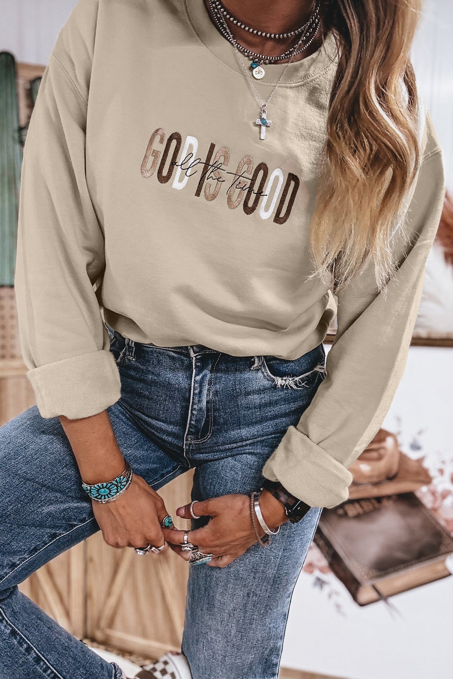 Jet Stream GOD IS GOOD Western Embroidered Letter Crewneck Pullover Sweatshirt-Tops/Sweatshirts & Hoodies-[Adult]-[Female]-2022 Online Blue Zone Planet