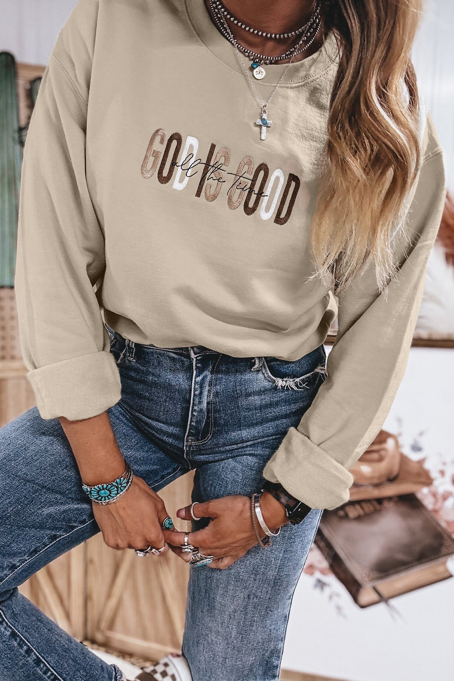 Jet Stream GOD IS GOOD Western Embroidered Letter Crewneck Pullover Sweatshirt-Tops/Sweatshirts & Hoodies-[Adult]-[Female]-2022 Online Blue Zone Planet