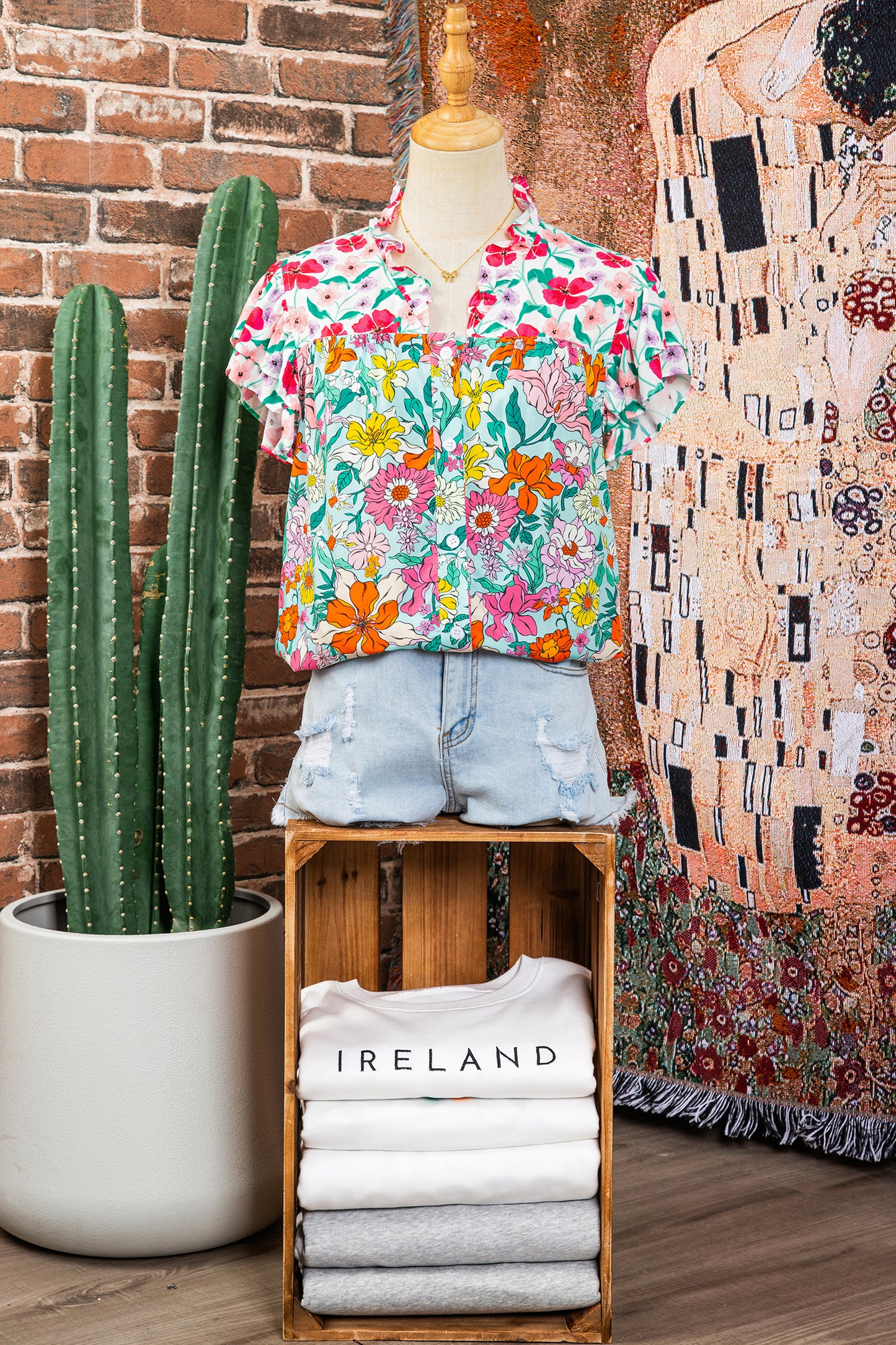 Sky Blue Floral Print Split Neck Button Front Flutter Sleeve Blouse-Tops/Blouses & Shirts-[Adult]-[Female]-2022 Online Blue Zone Planet
