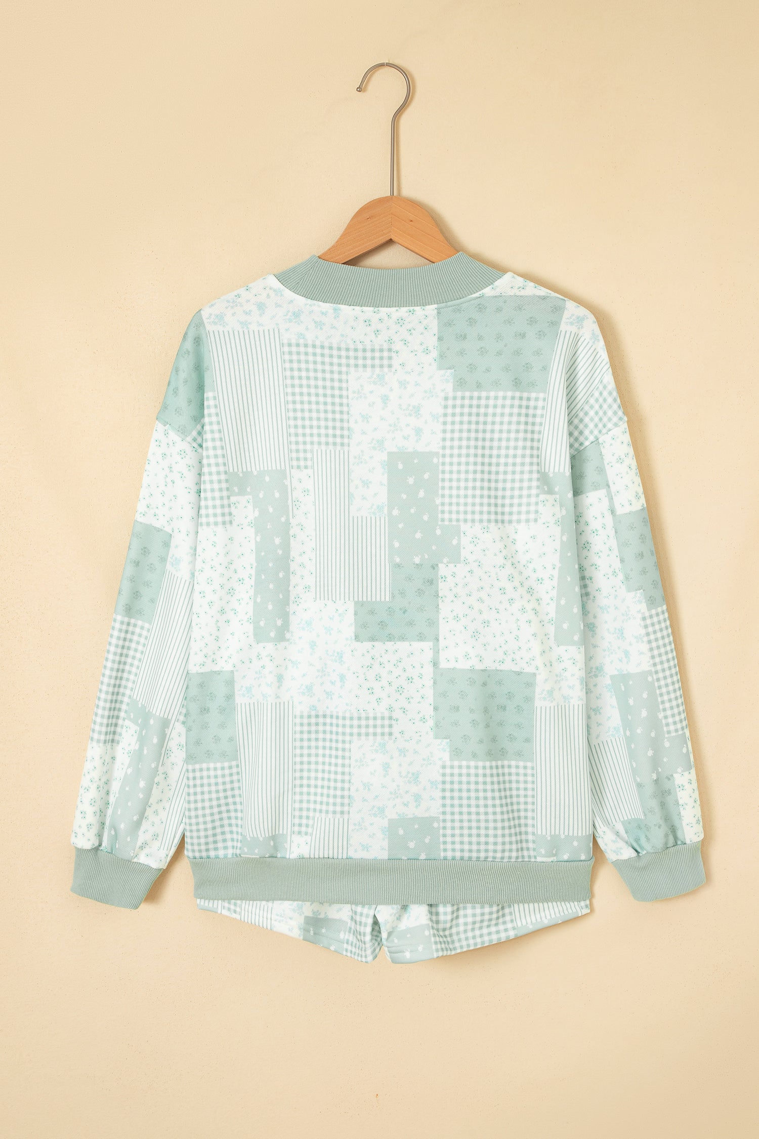 Green Patchwork Floral Print Drop Shoulder Baggy Pullover Drawstring Shorts Set-Two Piece Sets/Short Sets-[Adult]-[Female]-2022 Online Blue Zone Planet