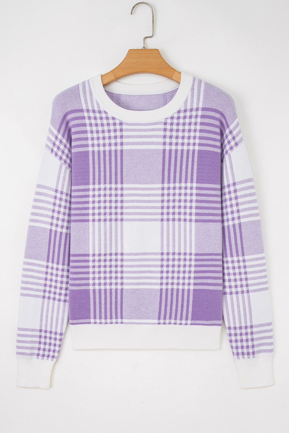 Lilac Plaid Print Ribbed Trim Loose Sweater-TOPS / DRESSES-[Adult]-[Female]-2022 Online Blue Zone Planet