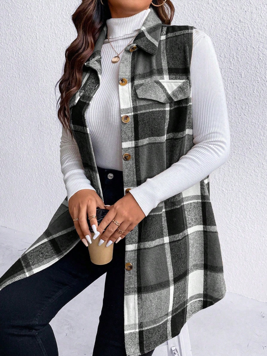 Honey Plus Size Pocketed Plaid Button Up Vest Coat-TOPS / DRESSES-[Adult]-[Female]-2022 Online Blue Zone Planet