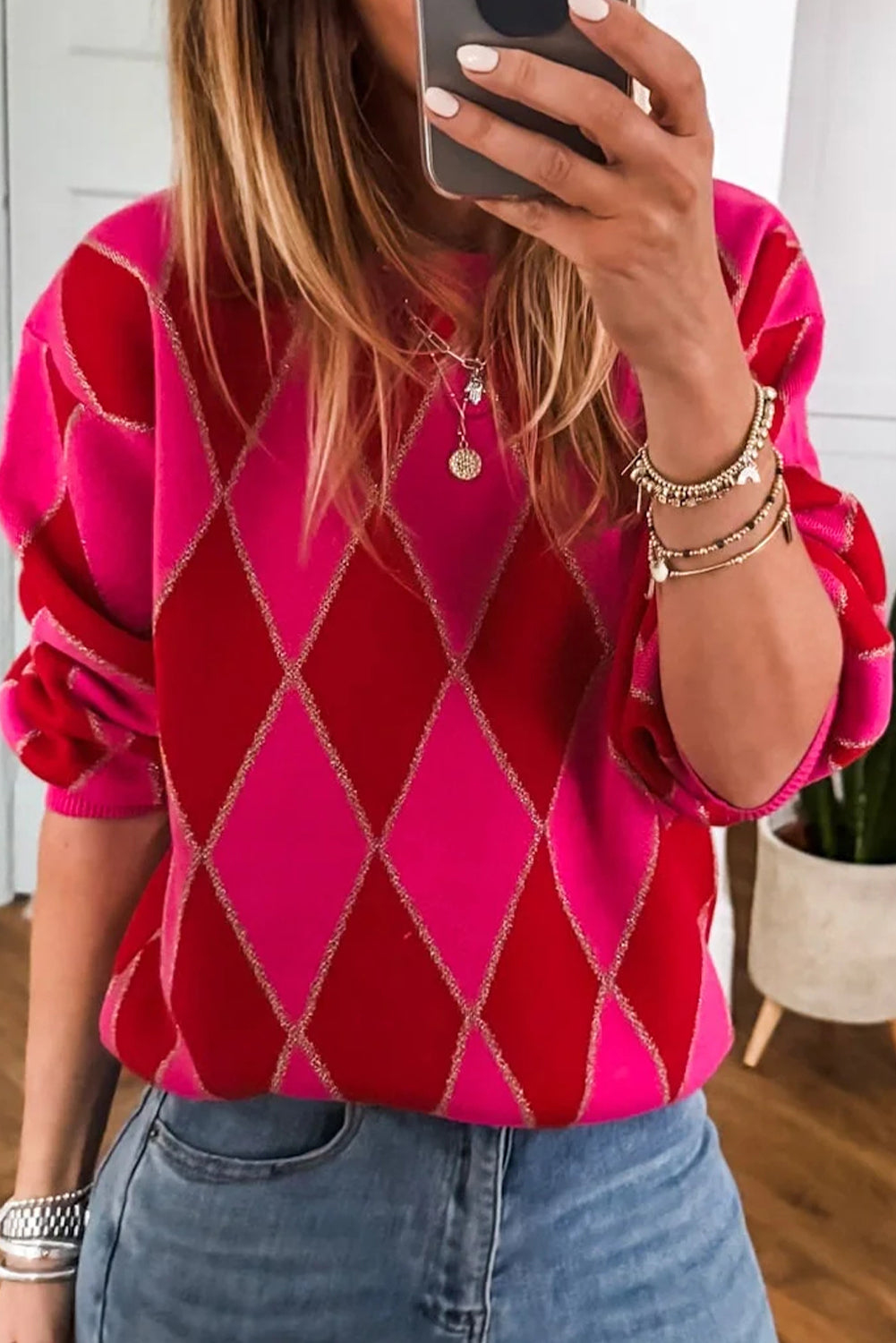 Rose Red Glitter Rhombus Pattern Knit Womens Casual Sweater-Sweaters & Cardigans/Sweaters-[Adult]-[Female]-Rose Red-S-2022 Online Blue Zone Planet