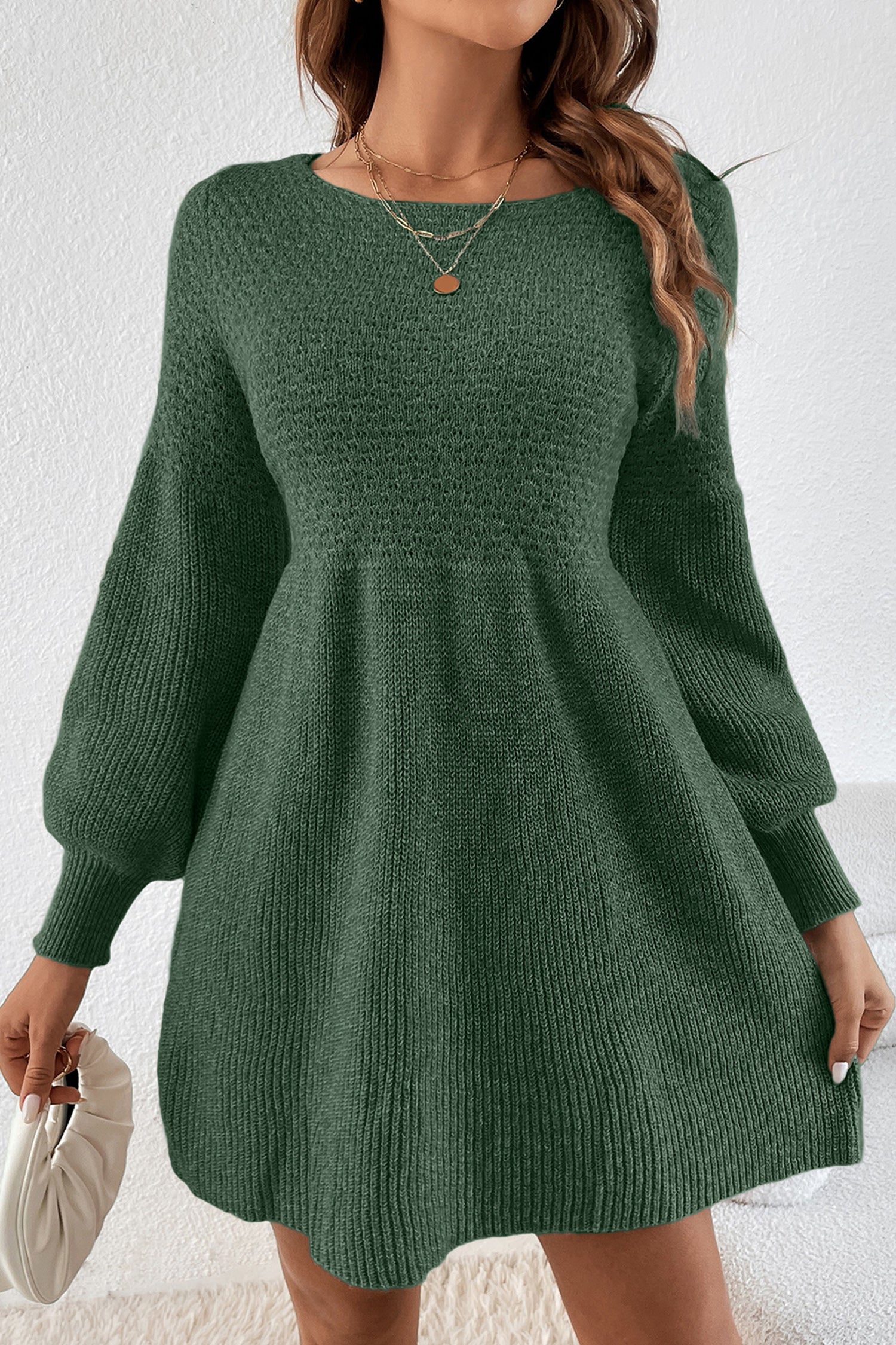 Mist Green Solid Lantern Sleeve Empire Waist Short Sweater Dress-TOPS / DRESSES-[Adult]-[Female]-2022 Online Blue Zone Planet