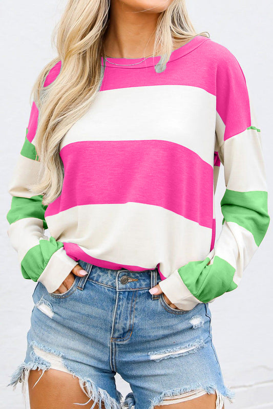 Rose Red Colorblock Striped Drop Shoulder Long Sleeve Top-Tops/Long Sleeve Tops-[Adult]-[Female]-Rose Red-S-2022 Online Blue Zone Planet