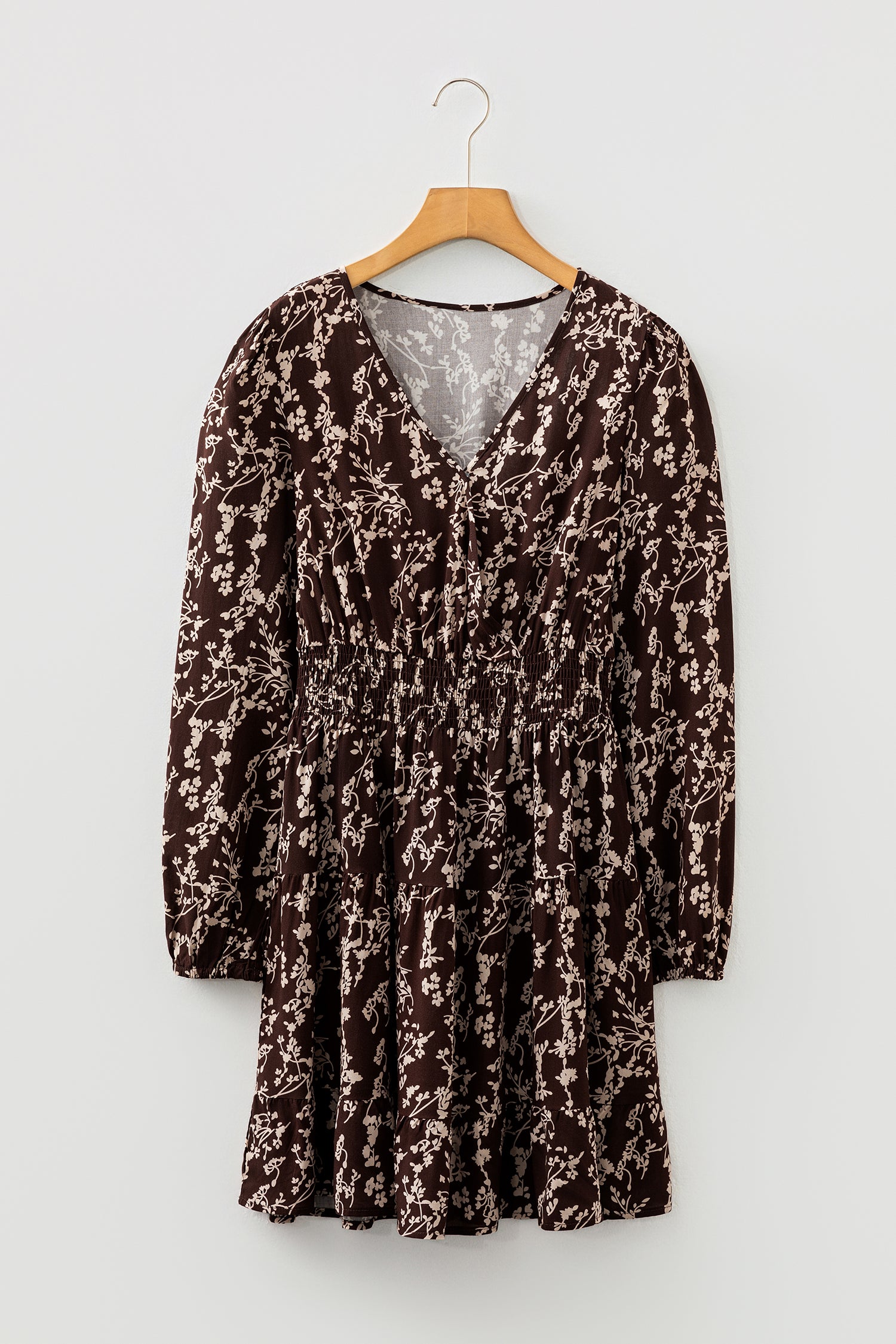 Brown Ditsy Floral Print Split Neck Long Sleeve Shirred Waist Flared Mini Dress-TOPS / DRESSES-[Adult]-[Female]-2022 Online Blue Zone Planet