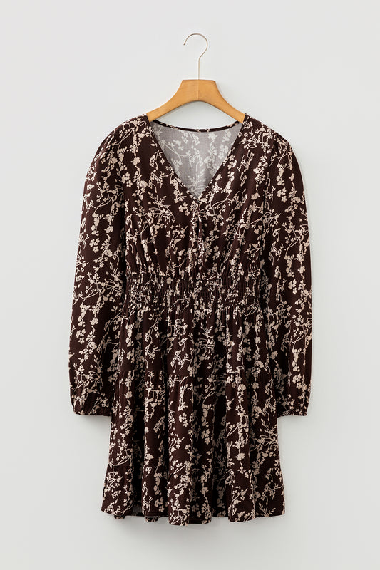 Brown Ditsy Floral Print Split Neck Long Sleeve Shirred Waist Flared Mini Dress-TOPS / DRESSES-[Adult]-[Female]-2022 Online Blue Zone Planet