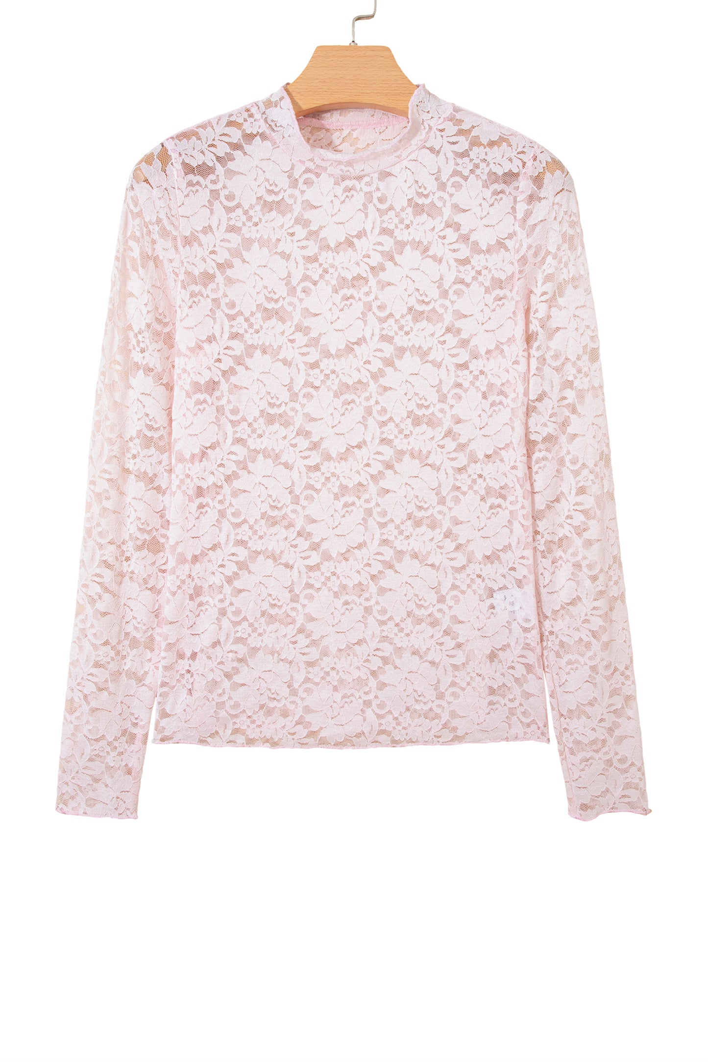 Light Pink Floral Lace Long Sleeve Stand Neck Pullover Top-Tops/Long Sleeve Tops-[Adult]-[Female]-2022 Online Blue Zone Planet