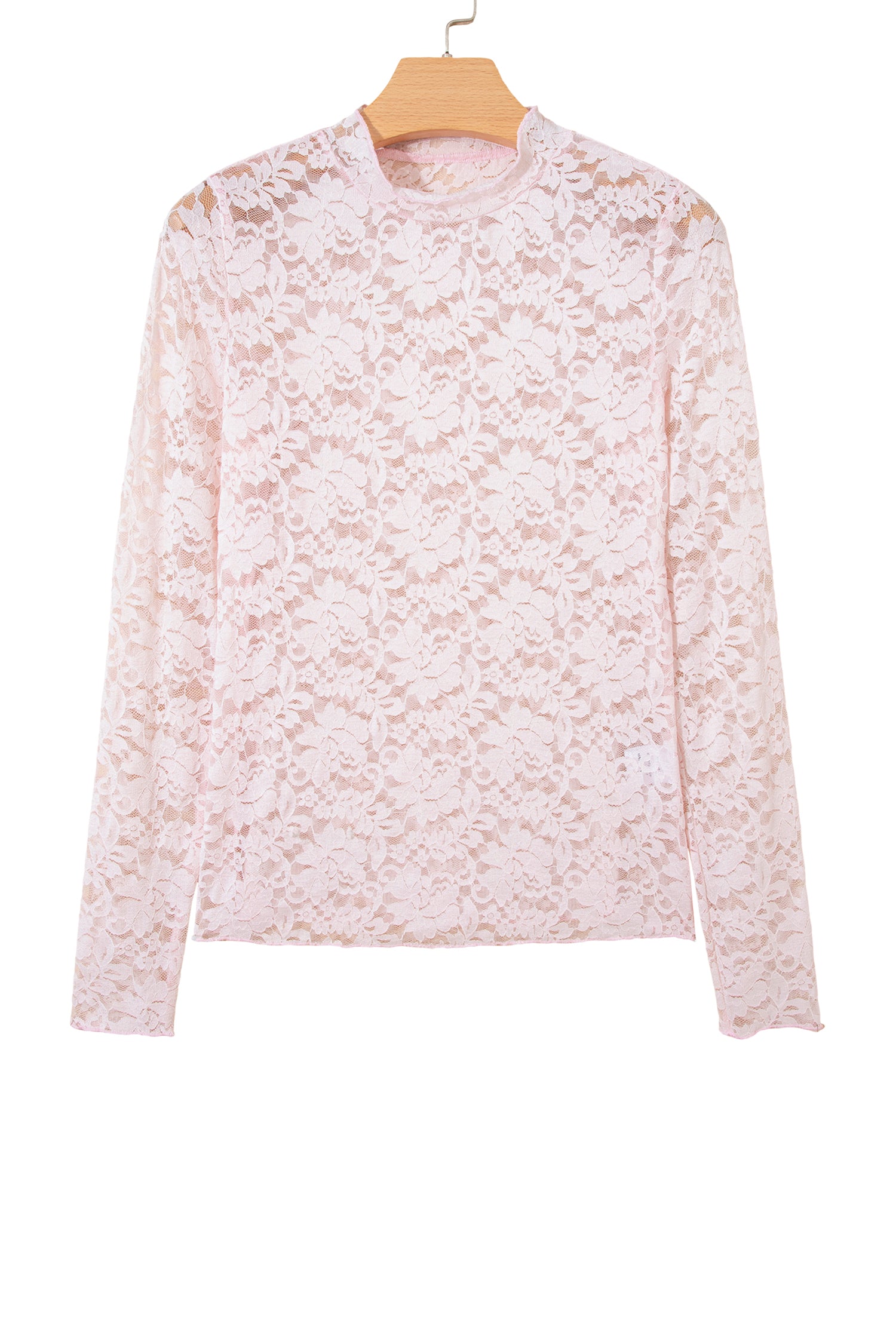Light Pink Floral Lace Long Sleeve Stand Neck Pullover Top-Tops/Long Sleeve Tops-[Adult]-[Female]-2022 Online Blue Zone Planet