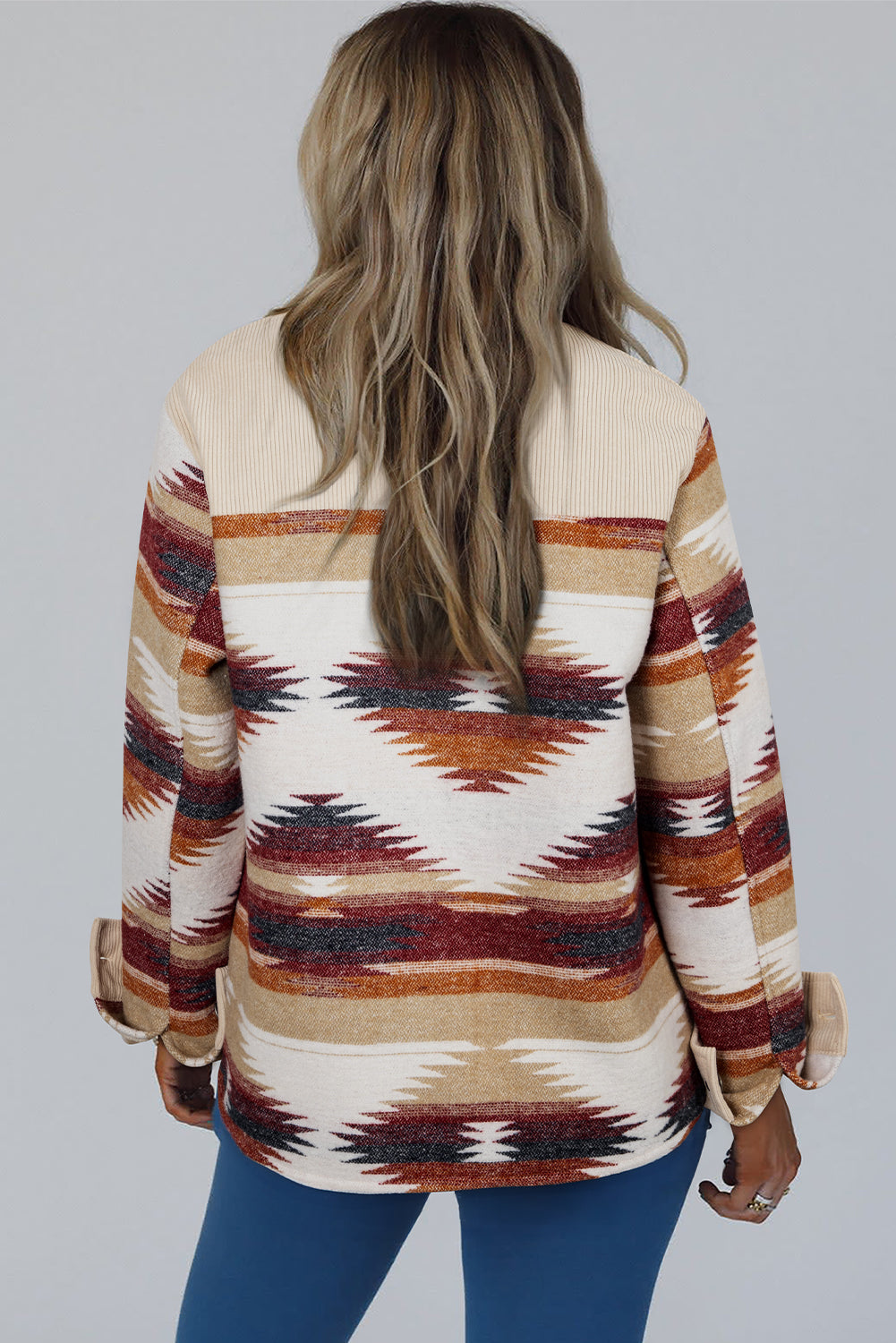 Multicolour Western Aztec Striped Patchwork Double Flap Pocket Raw Hem Shacket-Outerwear/Jackets-[Adult]-[Female]-2022 Online Blue Zone Planet