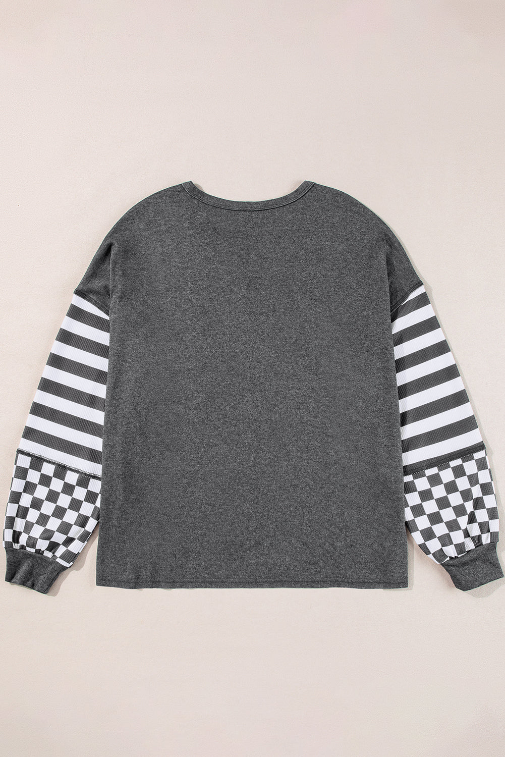 Dark Grey Checkerboard Striped Patchwork Lantern Sleeve Pocketed Blouse-Tops/Long Sleeve Tops-[Adult]-[Female]-2022 Online Blue Zone Planet