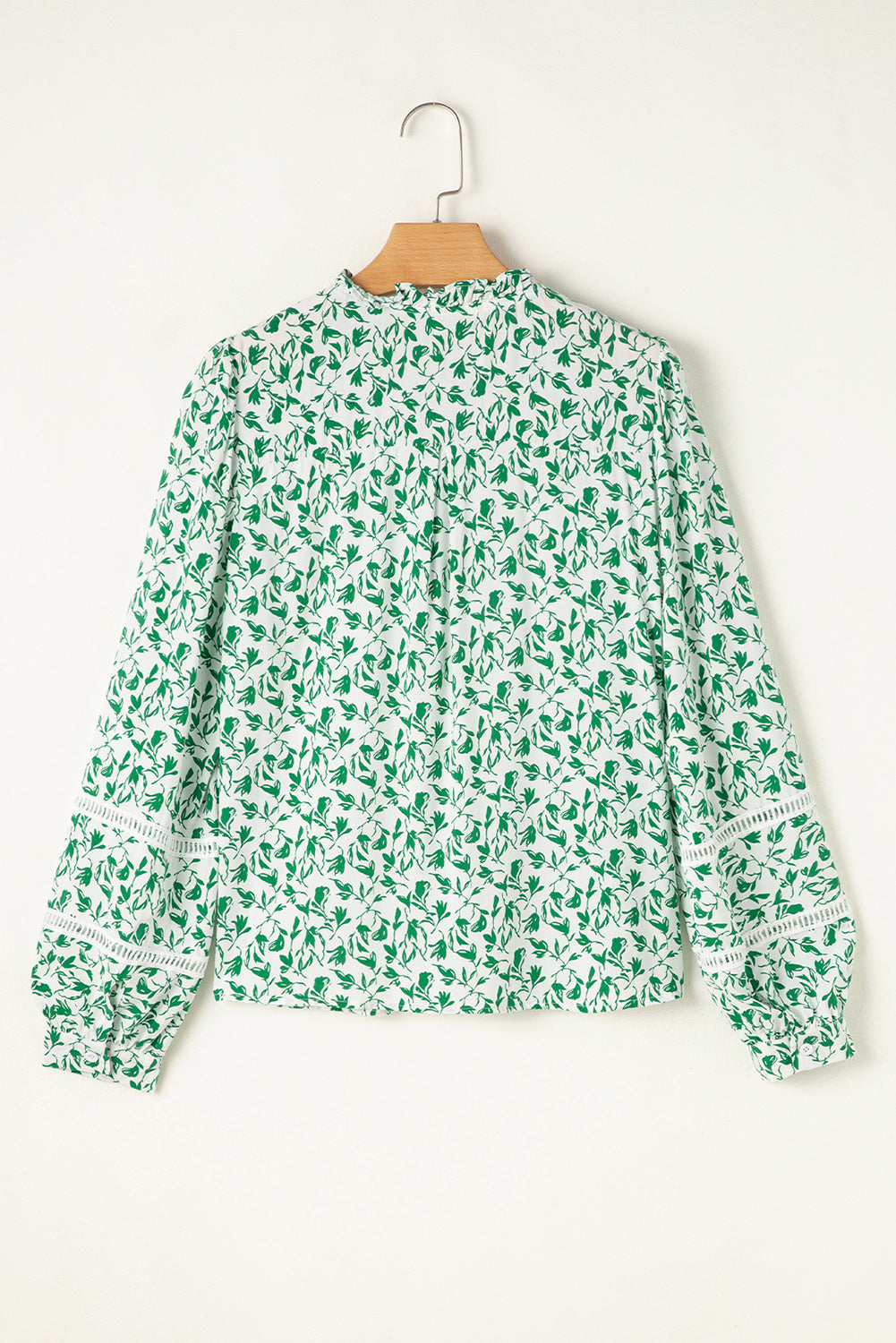 Green Printed Lace Detail Floral Puff Sleeve Fall Shirt-Tops/Blouses & Shirts-[Adult]-[Female]-2022 Online Blue Zone Planet