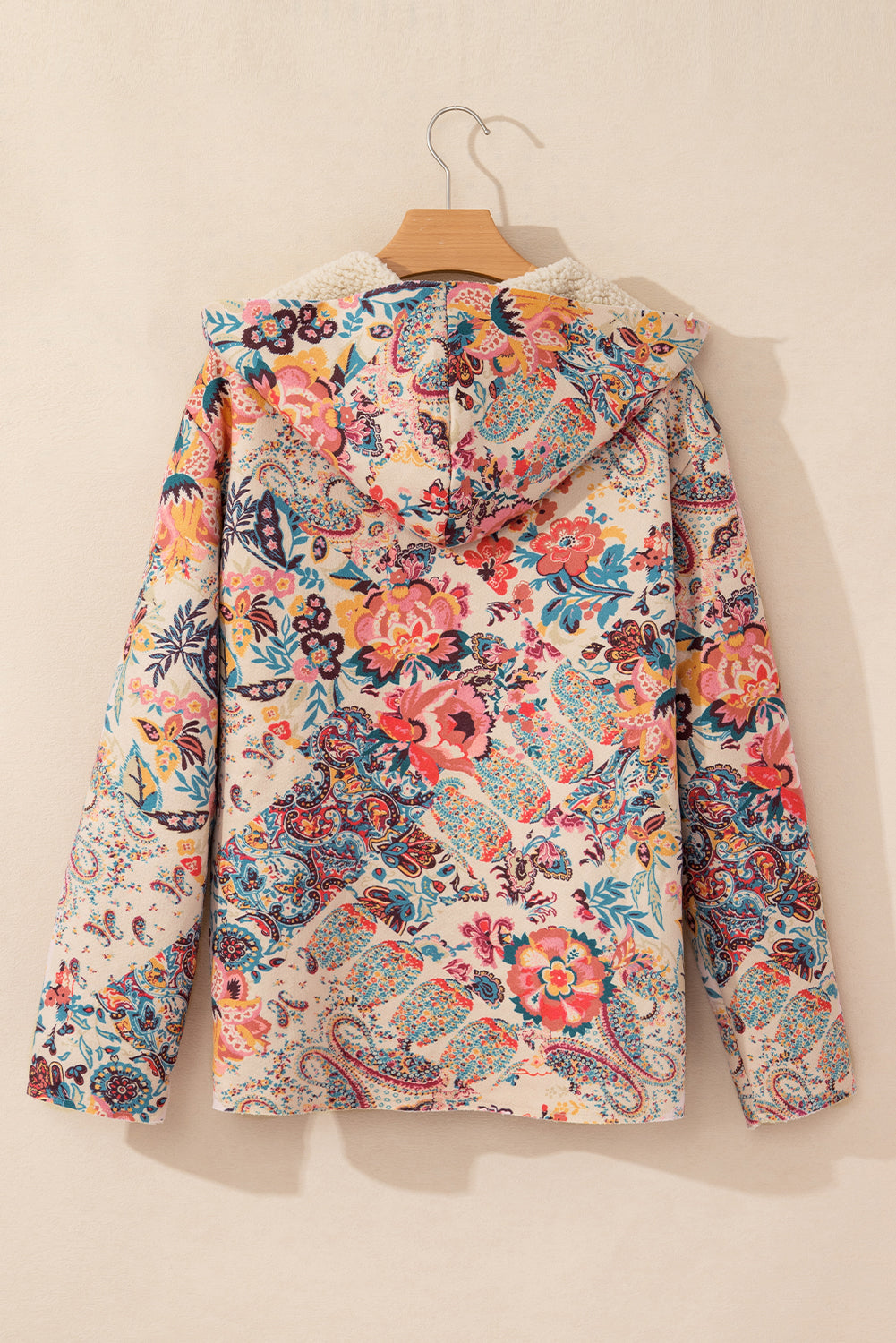 Blue Zone Planet | Beige Vintage Paisley Floral Printed Sherpa Lined Hooded Jacket-Jackets-[Adult]-[Female]-2022 Online Blue Zone Planet